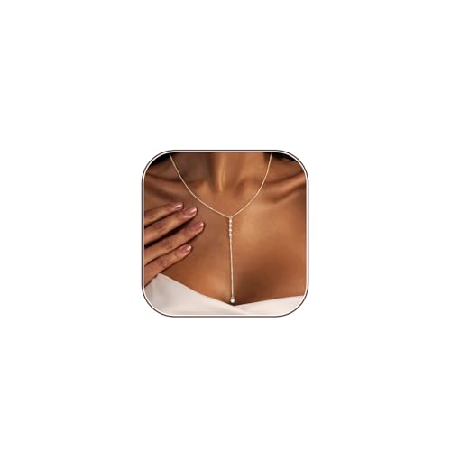 HERIER Lariat Gold Necklace for Women, Dainty Long Necklace 14k Gold Plated/Silver Y-Shaped Layered Beaded Chain Drop Necklaces for Women Trendy Simple Gold Jewelry for Women Gifts - color: Y CZ Lariat Necklace-Gold