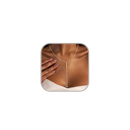 HERIER Lariat Gold Necklace for Women, Dainty Long Necklace 14k Gold Plated/Silver Y-Shaped Layered Beaded Chain Drop Necklaces for Women Trendy Simple Gold Jewelry for Women Gifts - color: Y CZ Lariat Necklace-Gold
