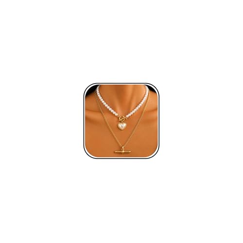 T Bar Necklace Gold Heart Pendant Necklace for Women Layered Pearl Necklaces Toggle Pendant Stack Necklaces for Women Trendy 2026 Summer Statement Jewelry for Daily Wear Fashion Accessories Gifts - color: A2:2pcs-gold