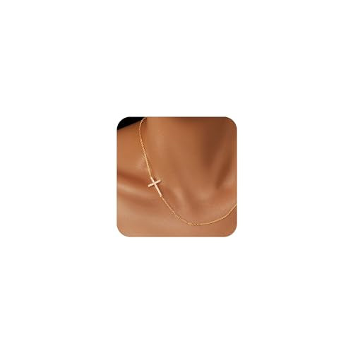 Poxtex Cross Necklace for Women Teen Girls, Dainty 14K Gold Silver Plated Cross Choker Jewelry Non Tarnish Waterproof Cute Simple Small Necklace Christian Baptism Religious Faith Jewelry Gifts - color: 05 Sideway Cross Necklace- CZS