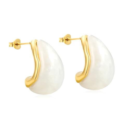 Teardrop Earrings for Women, 14K Gold Plated Chunky Hoop Earrings with Resin Acrylic Translucent Drop, Hypoallergenic Lightweight Hollow Vintage Fashion Jewelry Gifts for Formal Wedding Boho Elegant Style - color: Beige