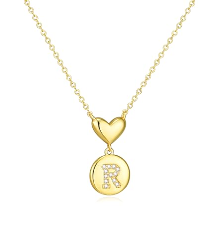 Howoo 14K Gold Plated Initial Necklace for Women Heart Necklace for Women Round Zircon Letter Pendant Plated Adjustable Necklaces Birthday Galentines Valentine Gifts Jewelry - color: R, style: style 1