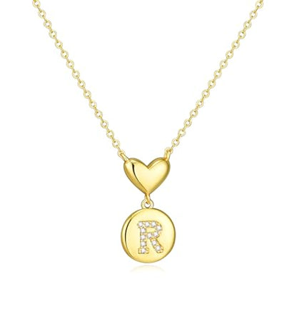 Howoo 14K Gold Plated Initial Necklace for Women Heart Necklace for Women Round Zircon Letter Pendant Plated Adjustable Necklaces Birthday Galentines Valentine Gifts Jewelry - color: R, style: style 1