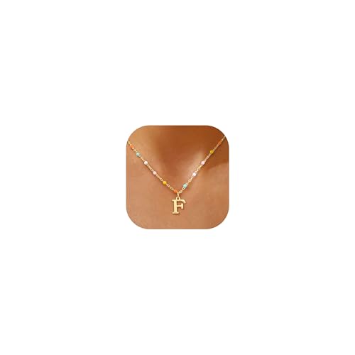 KOHOTA Colorful Beaded Initial Necklace for Women Trendy Pendant Necklace | 14K Gold Plated Initial Necklace for Women, Dainty Personalized Letter A-Z Necklace, Summer Beach Jewelry Birthday Gifts - color: F