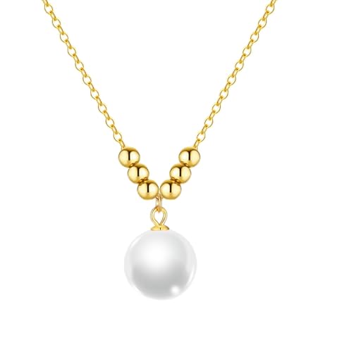Pearl Necklace for Women 925 Sterling Silver Single Pearl Jewelry with Shell Pearl Pendant - Dainty Choker Necklace Suitable for Anniversary, Wedding, Birthday Gifts - color: Bead Gold
