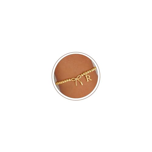 M MOOHAM Bow Initial Bracelets for Women Girls, Letter A-Z Beaded Bracelet | 14K Gold Plated, Bow Bracelets for Girls, Gold Bracelet, Beaded Initial Bracelet, Birthday Gift for Teen Girl Jewelry - color: R