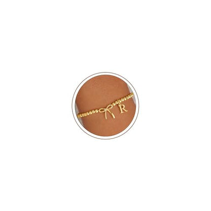 M MOOHAM Bow Initial Bracelets for Women Girls, Letter A-Z Beaded Bracelet | 14K Gold Plated, Bow Bracelets for Girls, Gold Bracelet, Beaded Initial Bracelet, Birthday Gift for Teen Girl Jewelry - color: R