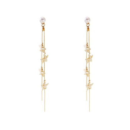 Boho Ocean Shell Starfish Beaded Long Drop Earrings for Women,Tropical Faux Pearl Tassel Dangle Statement Earrings Beach Vacation Fashion Jewelry