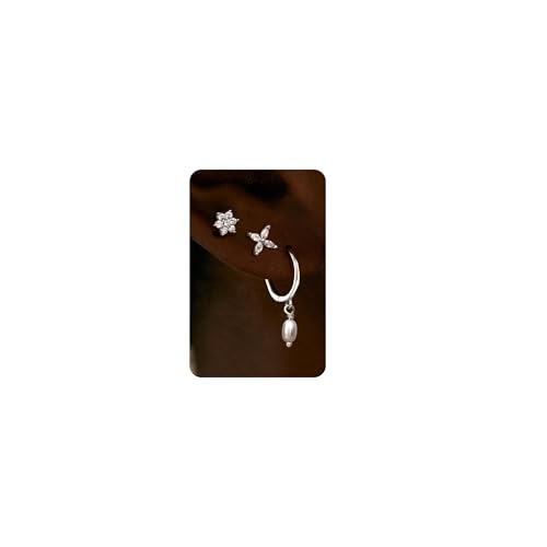 Sterling Silver Earrings Stacks for Women, Hypoallergenic Cartilage Earring | Dainty Stud Huggie Hoop Dangle Chain Earrings, 14K Gold/White Gold Plated - color: 3Pairs-Pearl Flower Set-Silver