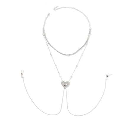 Sexy Rhinestone Heart Bra Body Chain Necklace Festival Rave Crystal Non Piercing Nipple Chain Jewelry Bikini Lingerie Nipple Body Jewelry for Women Party - color: Silver