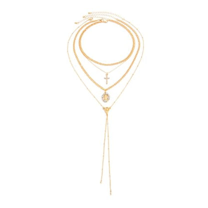 Gold Layered Necklace for Women Chunky Stacked Chain Link Paperclip Evil Eye Necklace Trendy Punk Jewelry - color: T-GoldA