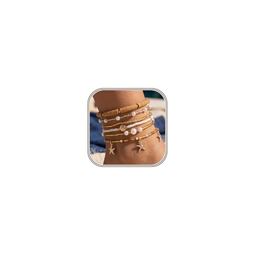 JeryWe 6Pcs Ankle Bracelets for Women - Waterproof Beaded Anklet Bracelet Set, Layered Boho Starfish Seashell Beach Jewelry, Handmade Summer Elastic Anklet - style: Brown-Starfish