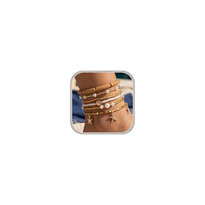 JeryWe 6Pcs Ankle Bracelets for Women - Waterproof Beaded Anklet Bracelet Set, Layered Boho Starfish Seashell Beach Jewelry, Handmade Summer Elastic Anklet - style: Brown-Starfish