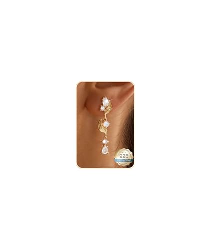 14K Gold Plated/Sterling Silver CZ Pearl Drop Dangle Earrings for Women - color: Gold-Flower CZ