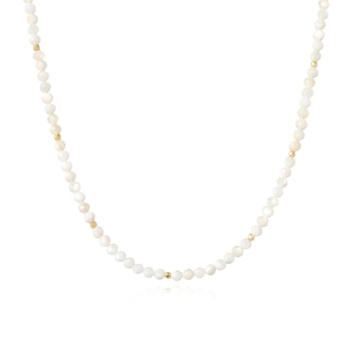 ARSIS Genuine Beaded Gemstone Necklace for Women, Colorful Natural Stone Handmade Bead Choker, Personalized Birthstone Necklace, Boho Summer Beach Necklace Layering Stackable Jewelry Gift - color: Mother of Pearl (April)