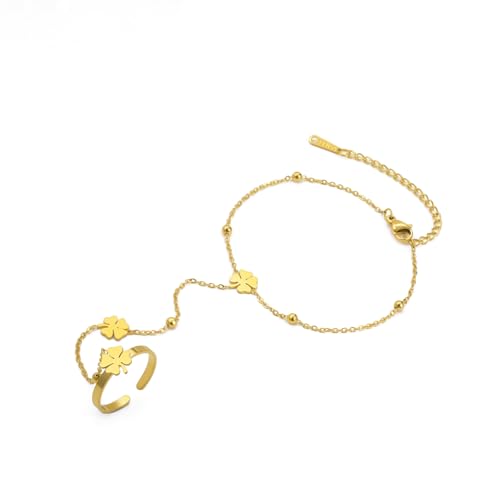 UNIFT Hand Chain Bracelets for Women Set Stainless Steel Adjustable Heart or Four-Leaf Clover Ring Chain Bracelet Trendy Dainty Jewelry Set Gifts - color: gold2