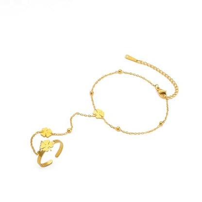 UNIFT Hand Chain Bracelets for Women Set Stainless Steel Adjustable Heart or Four-Leaf Clover Ring Chain Bracelet Trendy Dainty Jewelry Set Gifts - color: gold2