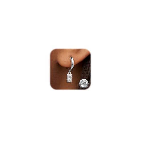 FIBO STEEL 14K Gold Plated Hoop Earrings with Charms for Women Huggie Hoops | Hypoallergenic 925 Sterling Silver Post Dangle Earrings Small Silver Gold Hoops Earring Cubic Zirconia Dangle Drop Jewelry - color: Baguette - Silver Plated