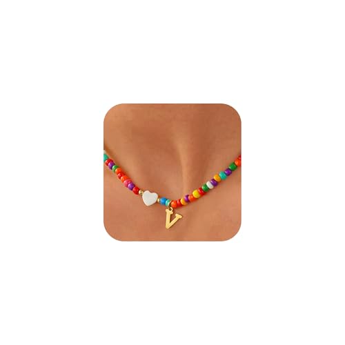 Fashionable Gifts for Teenagers -Unique Colorful Initial Necklaces for Girls Women Kids, Teen Girls Gifts Trendy Stuff Beaded Initial A-Z Necklace Dainty Letter Choker Necklace for Girl Gift Jewelry - color: V