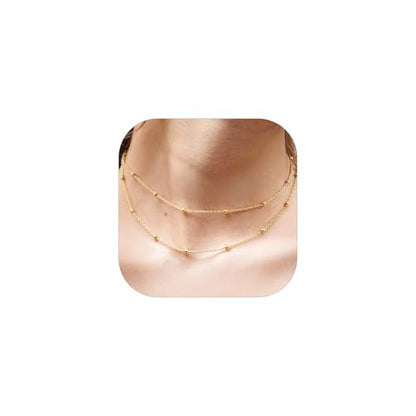 FOCALOOK Choker Necklace for Women, Double Layered Boho Beaded Choker Chain | Dainty 14K Gold Plated/Silver/Black Metal, Simple Small Satellite Beaded Chain Necklace, Hypoallergenic for Everyday Wear - color: 01.2-Layered Satellite Beads-Gold