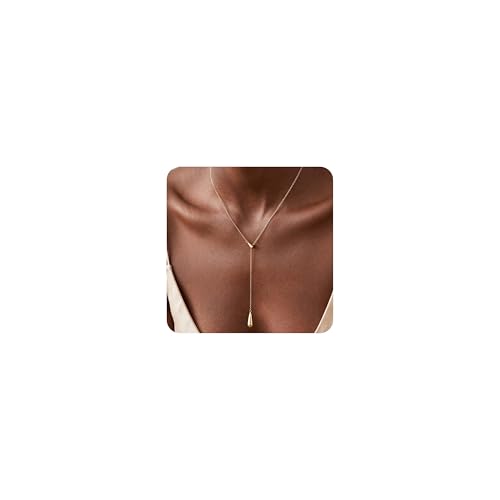 Lariat Gold Necklace for Women, 14K Gold Plated Dainty Drop Y Necklace, Waterproof Non Tarnish Long Layered Beaded Chain Lariat Necklace Prom Jewelry Summer Vacation Gift for Her - color: Gold-4