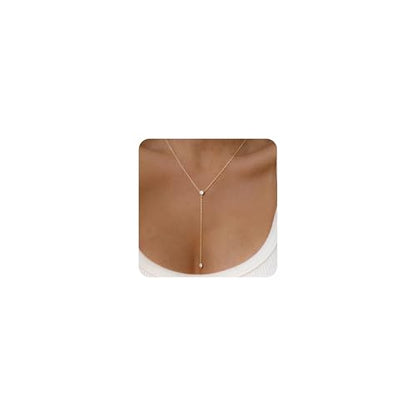 Lariat Gold Necklace for Women, Dainty Long Necklaces 14k Gold Plated Y-Shaped Layered Drop Necklaces for Women Trendy Simple Gold Jewelry for Prom Vacation Gifts - color: Two CZ Y Necklace-Gold