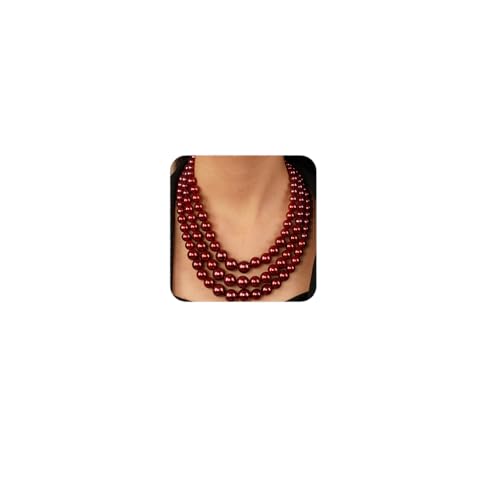Vintage 1920s Large Collar Choker Necklace & Earring Set - Simulated Pearl Statement & Multi Strand Chunky Pearls Costume Jewelry for Wedding or Special Occasion - color: Wine Red