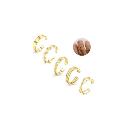 5Pcs Toe Rings for Women | Adjustable Toe Rings,Non Tarnish Ring,Open Band Toe Rings Set Summer Beach Gifts - color: Gold