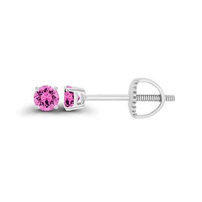 14K Gold Plated 925 Sterling Silver Hypoallergenic 3mm Round Genuine Birthstone Solitaire Screwback Stud Earrings - color: Pink Sapphire Created