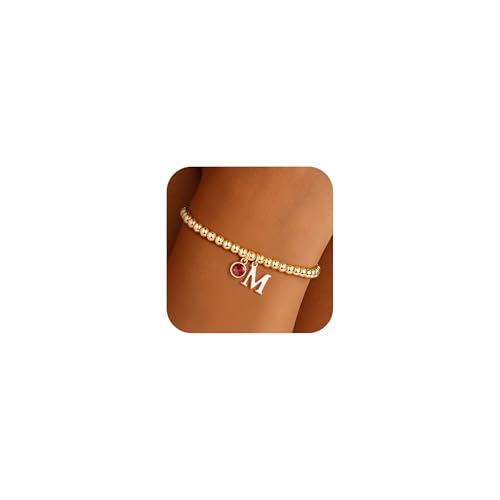 Birthstone Initial Beaded Bracelets for Women - Dainty 14K Gold Plated 12 Months Birthstone Charm Letter A-Z Bracelet Trendy Personalized Birthday Jewelry Gifts for Women Teen Girls - color: Jan-Garnet, style: M