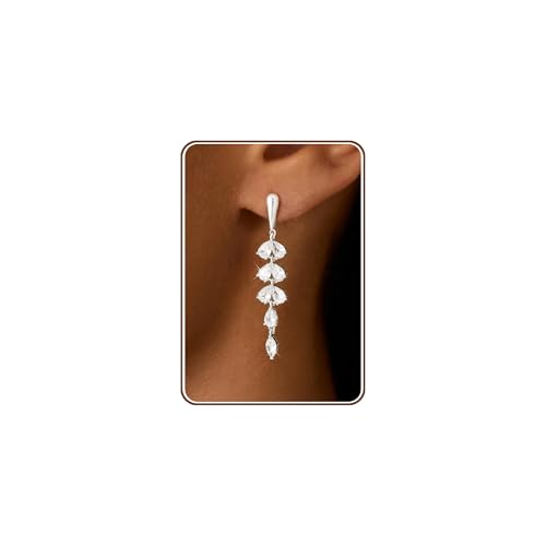 LLWOM 14K Gold Plated Cubic Zirconia Elegant Dangle Earrings for Women | CZ/Flower/North Star/Leaf Drop Earrings for Women, Statement Earrings for Wedding Party Prom, Hypoallergenic Jewelry Gift - color: Silver CZ Leaf