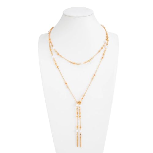 Long Layered Faux Pearl Beaded Chain Necklace for Women,Boho Y Body Chain Gold Drop Lariat Necklace Dainty Statement Fashion Jewelry Gifts - color: Golden
