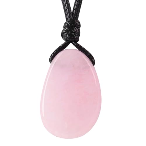 Natural Gemstone Pendant Necklace Healing Crystal Stone Choker Necklace Adjustable Waxed Black Rope for Men - color: Rose Quartz