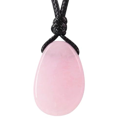 Natural Gemstone Pendant Necklace Healing Crystal Stone Choker Necklace Adjustable Waxed Black Rope for Men - color: Rose Quartz