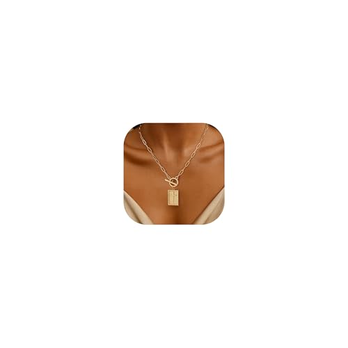 Chunky Gold Necklace for Women Trendy Non Tarnish 14K Gold Plated Paperclip Chain Charm Necklaces Chunky Heart Cross Clover Pearl Pendant Necklace with Toggle Clasp Statement Jewelry Gift for Women - color: C-Square Cross