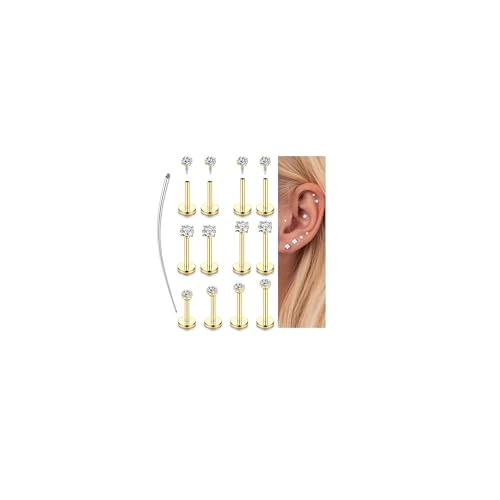 JeryWe 18G 16G Flat Back Earrings Studs for Women - Hypoallergenic Surgical Steel Internal Thread CZ Stud Earrings Stacks 14K Gold Plated Tragus Labret Helix Cartilage Conch Nose Stud Piercing Jewelry - color: 14K Gold Plated, size: 18G(1.0mm)