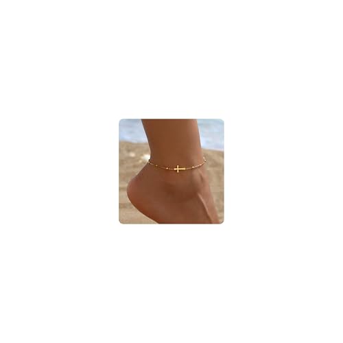 Dainty Cross Ankle Bracelets for Women 18K Gold Plated Tiny Pearl Colorful Beads Beach Summer Simple Foot Jewelry Anklets for Jewelry Gift - style: Colorful Beads Cross-Gold