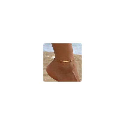 Dainty Cross Ankle Bracelets for Women 18K Gold Plated Tiny Pearl Colorful Beads Beach Summer Simple Foot Jewelry Anklets for Jewelry Gift - style: Colorful Beads Cross-Gold