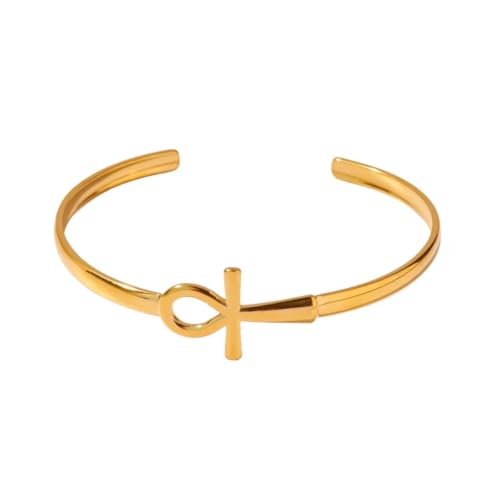 Gold Statement Cuff Bracelet Ankh Cross - Waterproof Stainless Steel Open Bangle Hypoallergenic Egyptian Key of Life Jewelry, Adjustable Protection Amulet for Women Men - color: Gold Minimalist Single Ankh