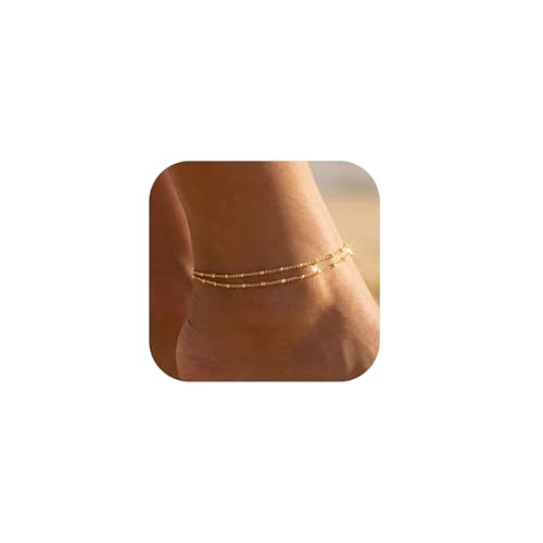 Dainty Anklets for Women, 14K Gold Plated & Sterling Silver Plated Ankle Bracelets, Adjustable, Waterproof & Hypoallergenic Summer Beach Foot Jewelry in Assorted Styles - style: gold chain
