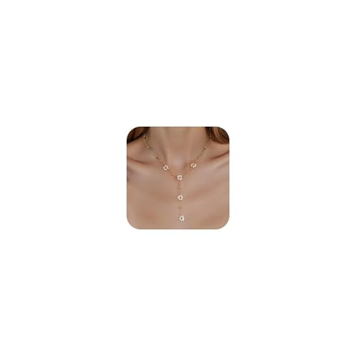 Lariat Gold Necklace for Women, Dainty Long Necklace Y-Shaped Layered Beaded Chain Drop 14k Gold Plated/Silver Necklaces Trendy CZ Diomand Simple Jewelry for Women Gift - color: Gold-Daisy