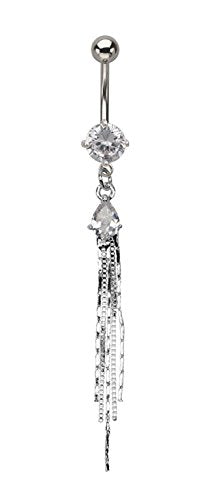 Pierced Owl 14GA 316L Stainless Steel Clear Gem Drop Chain Dangle Belly Ring