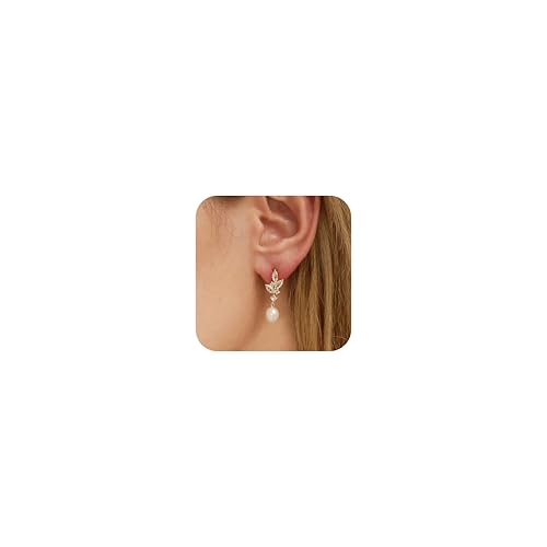 Pearl Earrings for Women:Gold Wedding Dangle Drop Earring Pearl Jewelry | 14K Gold Plated Pearl Drop Earrings for Women,Dainty Wedding Bride Earring Studs,Gold Dangle Drop Earring,Waterproof Jewelry - size: 1 pcs-12