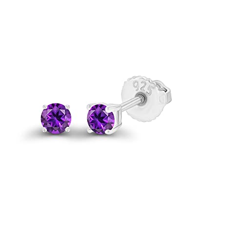14K Gold Plated 925 Sterling Silver Hypoallergenic 3mm Round Genuine Birthstone Solitaire Screwback Stud Earrings - color: Amethyst