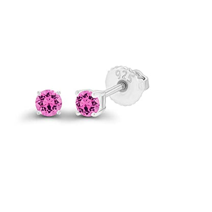 14K Gold Plated 925 Sterling Silver Hypoallergenic 3mm Round Genuine Birthstone Solitaire Screwback Stud Earrings - color: Pink Sapphire Created
