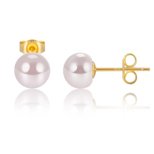 EAMTI Pearl Earrings for Women Trendy 18K Gold Plated Sterling Silver Freshwater Cultured Pearl Stud Earrings Hypoallergenic 5.5-9.5MM - color: Pink-purple, size: 6.6-7.5mm