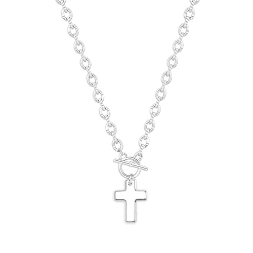 Zeffy 14K Gold/Silver Plated Chunky Thick Chain Toggle Clasp Necklace Dainty Baroque Pearl/Heart/Cross/Turquoise Pendant Necklace - color: Silver Small Cross Necklace
