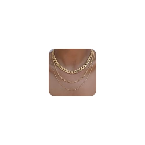 Tewiky Layered Necklaces for Women 14k Gold Plated Chain Necklace Set | Chunky Herringbone/Snake/Rope/Box/Cuban Link Chain for Women, Layering Stack Choker Necklace, Dainty Jewelry Set Non Tarnish - color: 3 Chunky Cuban Box Gold