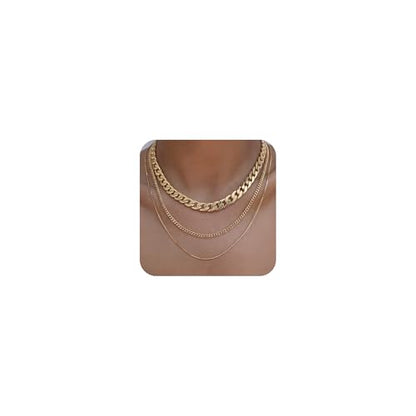 Tewiky Layered Necklaces for Women 14k Gold Plated Chain Necklace Set | Chunky Herringbone/Snake/Rope/Box/Cuban Link Chain for Women, Layering Stack Choker Necklace, Dainty Jewelry Set Non Tarnish - color: 3 Chunky Cuban Box Gold