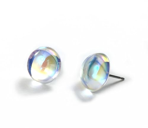 Iridescent Crystal Ball Stud Earrings, 10mm or 12mm Rainbow Holographic Studs, Titanium or Stainless Steel Posts